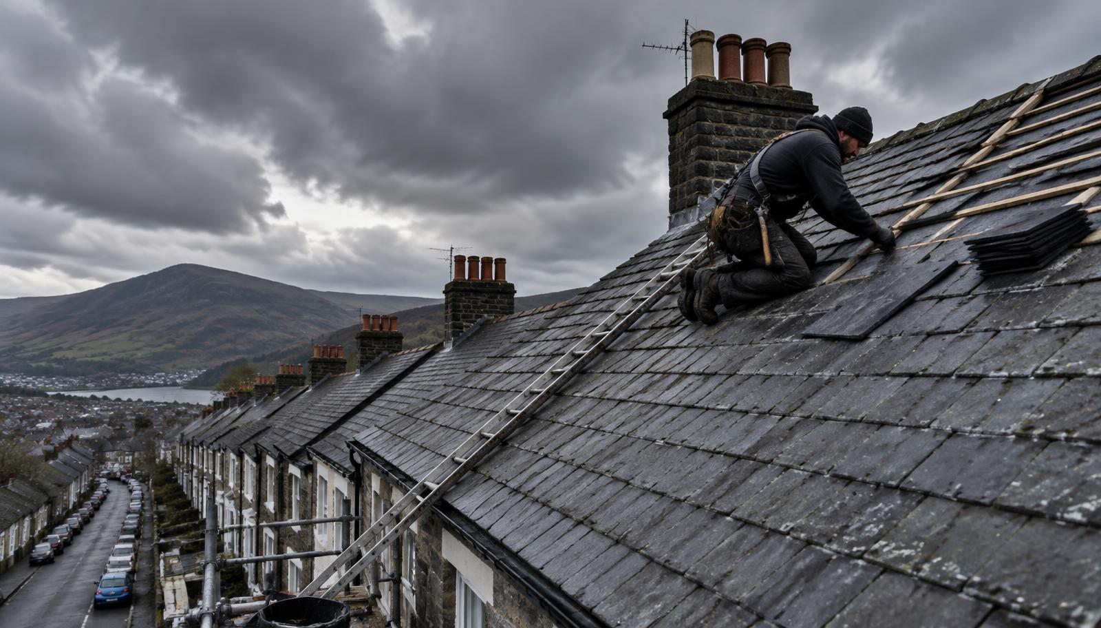 Roofer laying slate